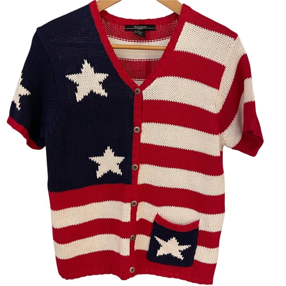 T & Company Womens Cardigan Size PL Patriotic Americana Flag Knit Vintage Style